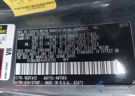 2012 Toyota Venza Le from USA, damaged, VIN 4T3BA3BB4CU032245